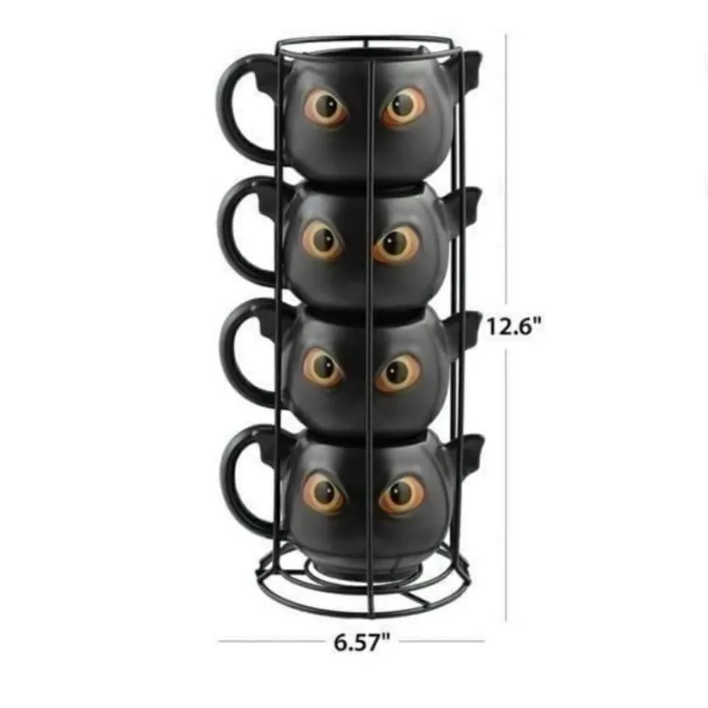 New Halloween 4 pc Black Bat-Ceramic Stacking Mug Set with Metal Rack